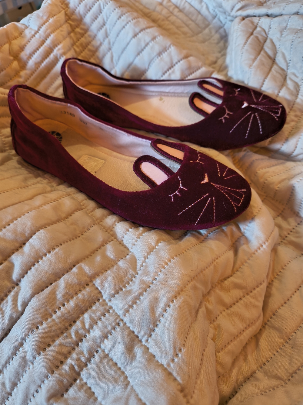 T.U.K. Burgundy Rabbit Face Suede-Look Ballet Flats. 6.5